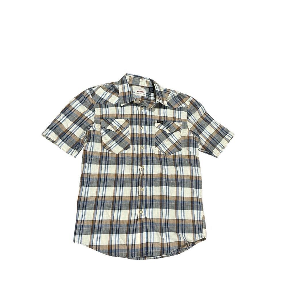 Wrangler pearl snap blue brown plaid S men’s western shirt